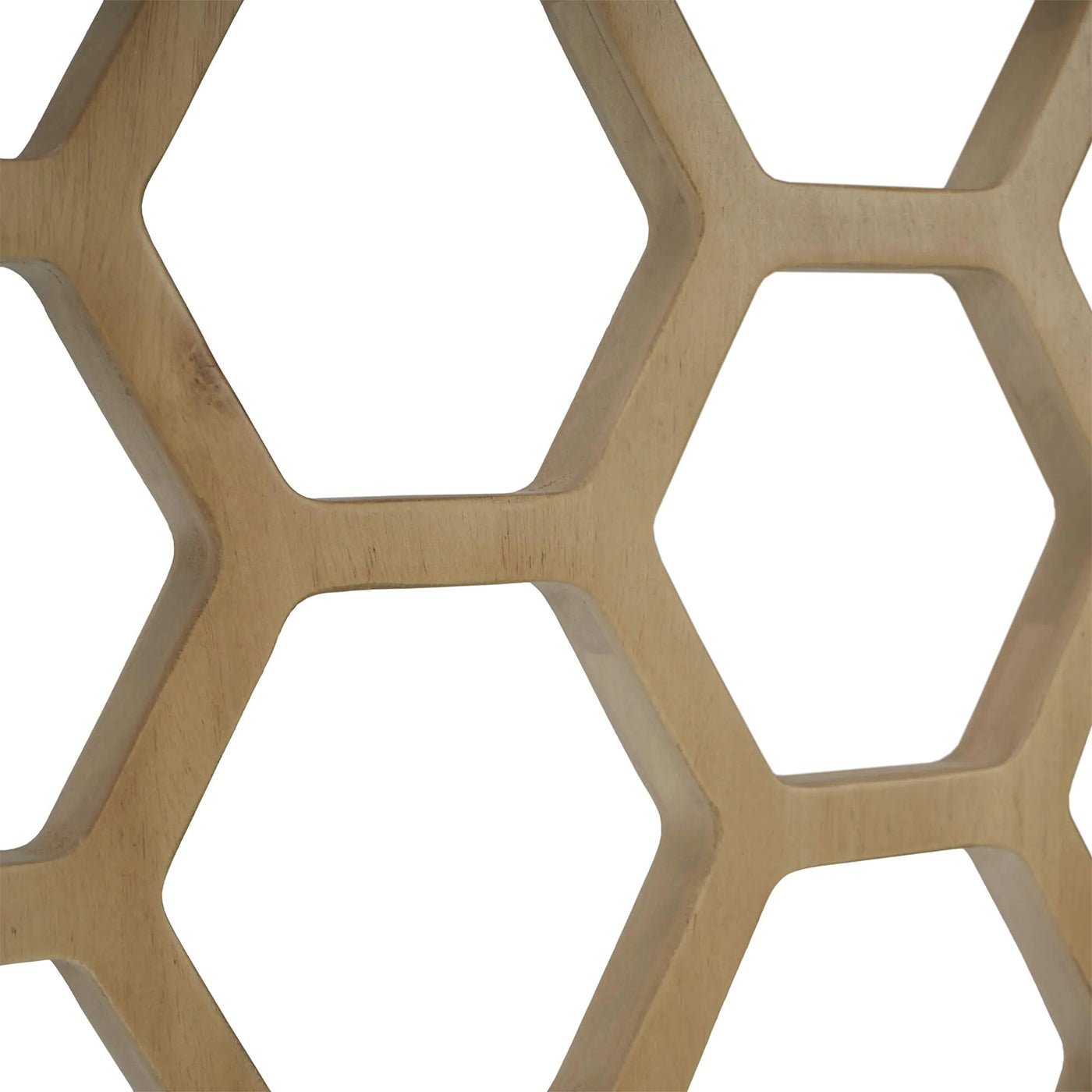 Detail of wooden honeycomb design on chair back.