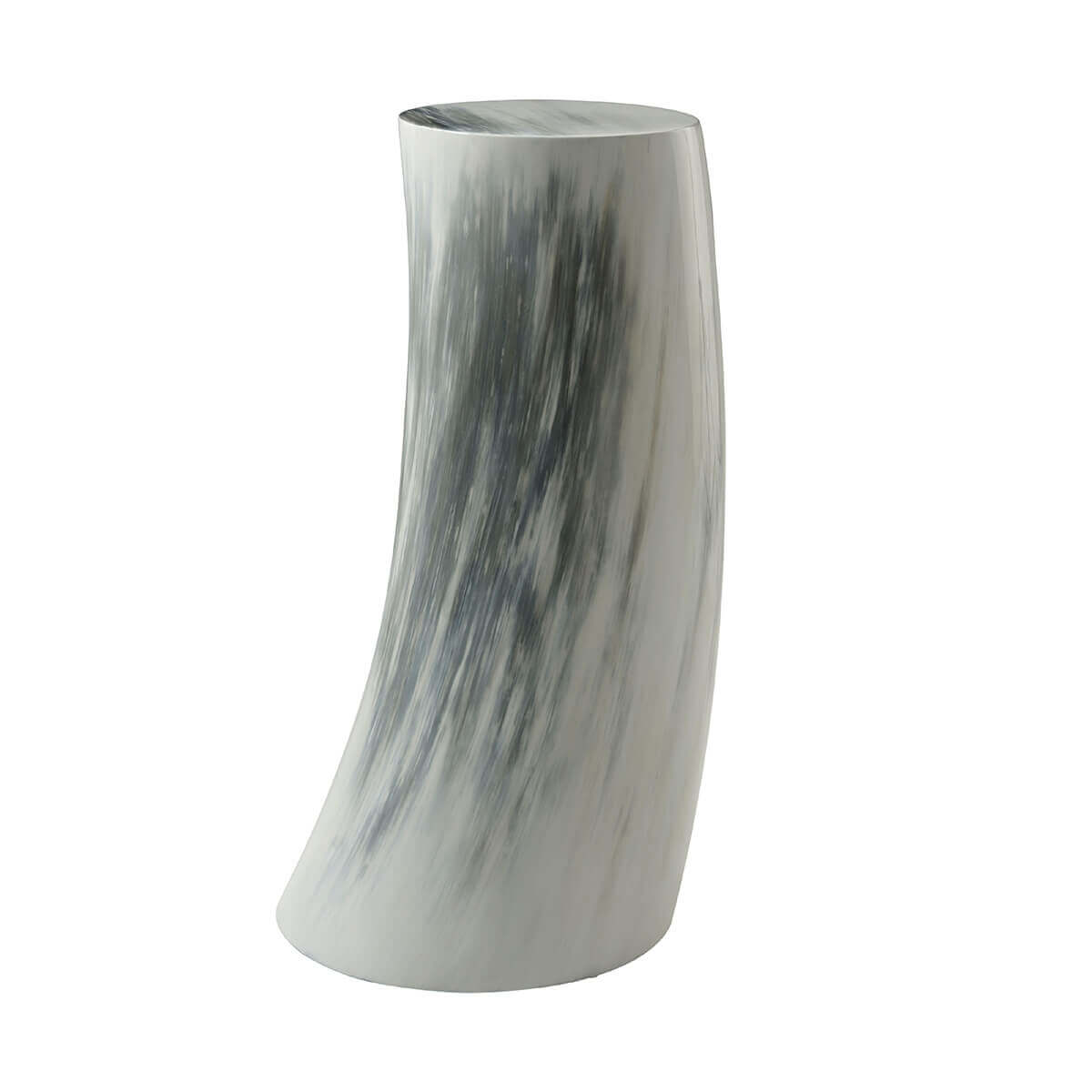 Gray horn drink table with curved design, side view.