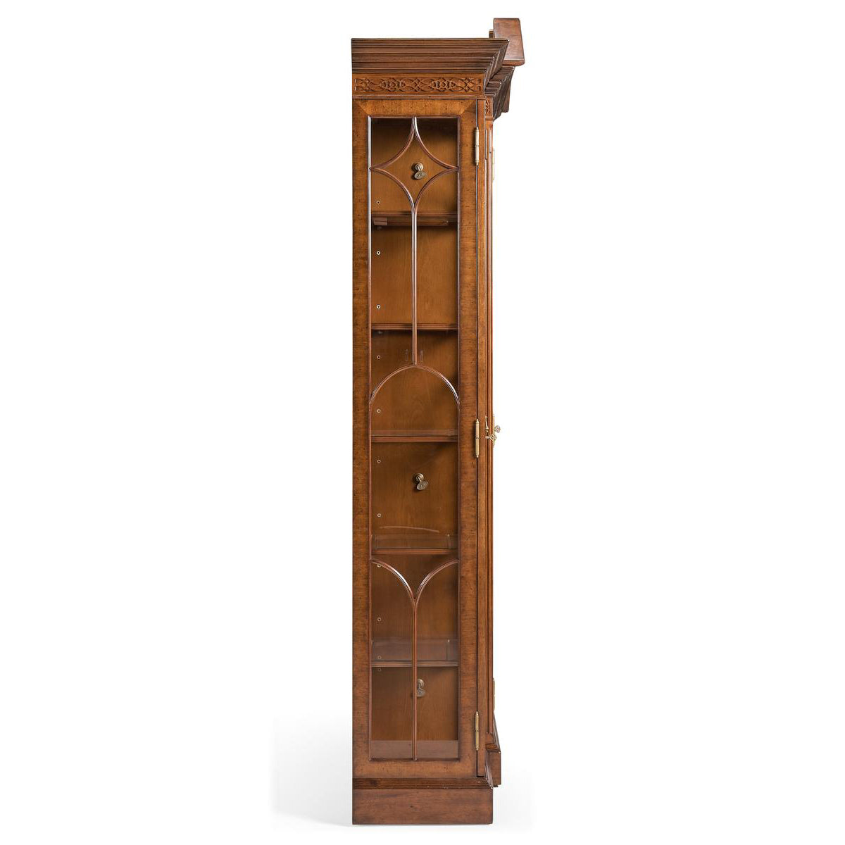 Side view of detailed walnut display bookcase.
