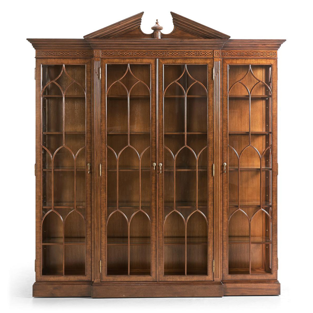 Front view of elegant walnut display bookcase.
