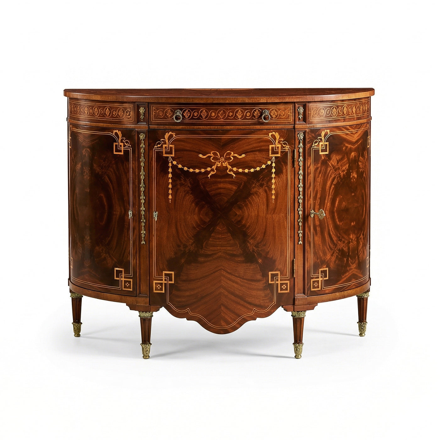 Sheraton style bowfront commode front view, intricate details.