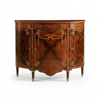 Sheraton style bowfront commode front view, intricate details.