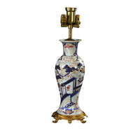 Porcelain table lamp with Imari pattern, white background.