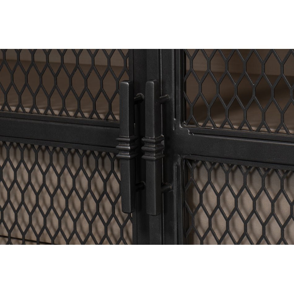 Close-up of door handles on industrial bar cabinet.