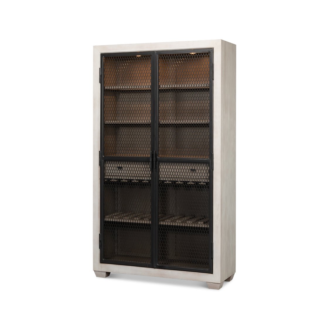 Industrial bar cabinet front view with metal mesh doors.