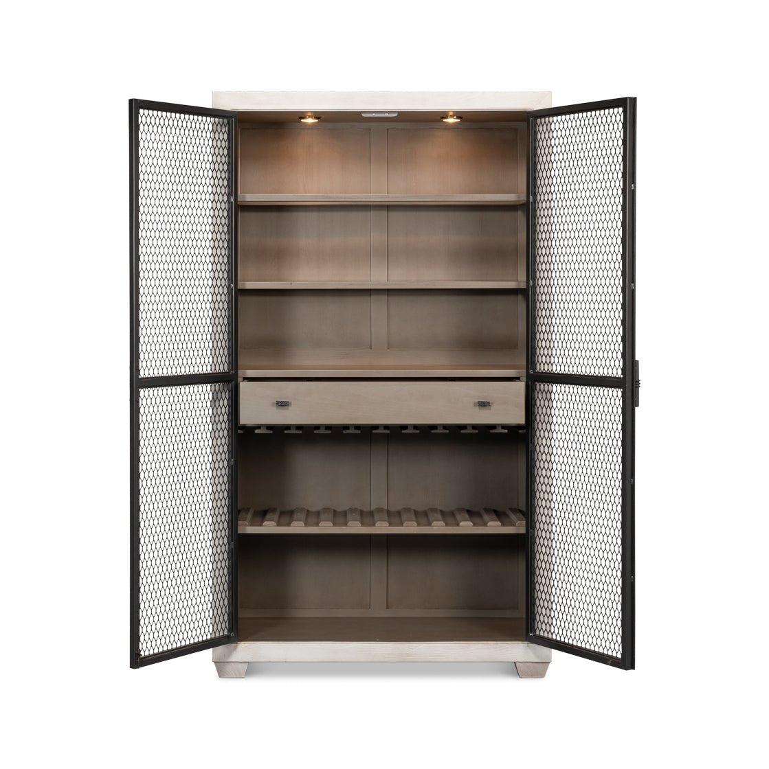 Industrial bar cabinet open showing interior shelves and drawer.