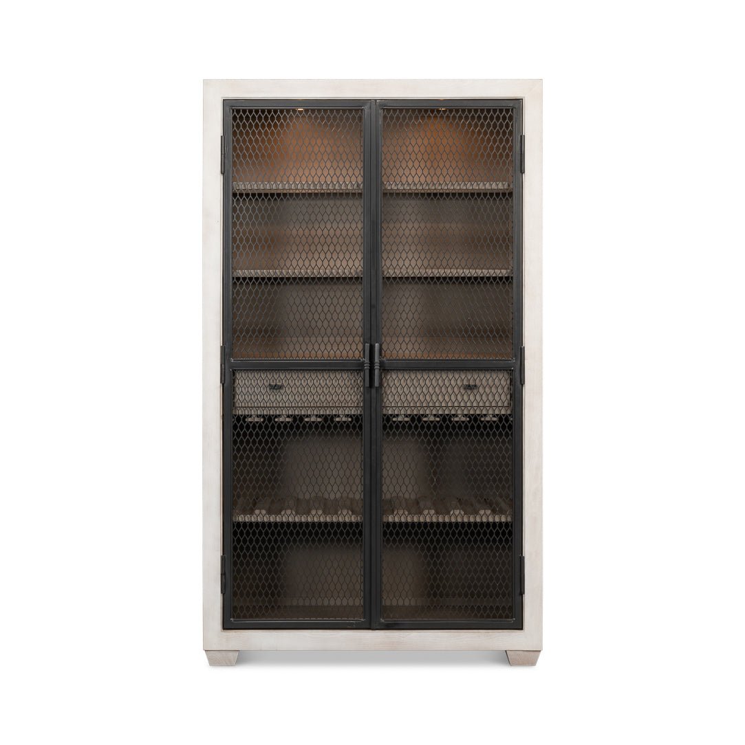 Industrial bar cabinet closed front with shelves visible.