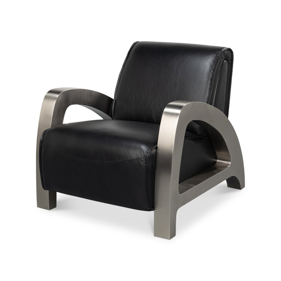 Industrial black leather armchair, angled front view.