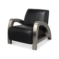 Industrial black leather armchair, angled front view.