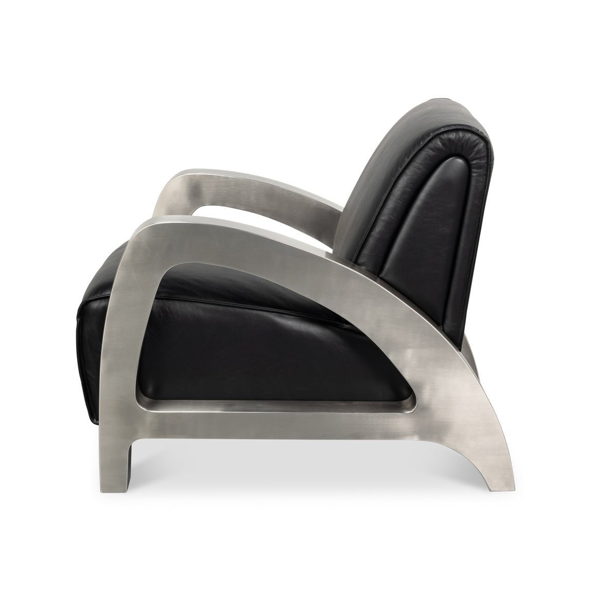 Industrial black leather armchair, side profile.