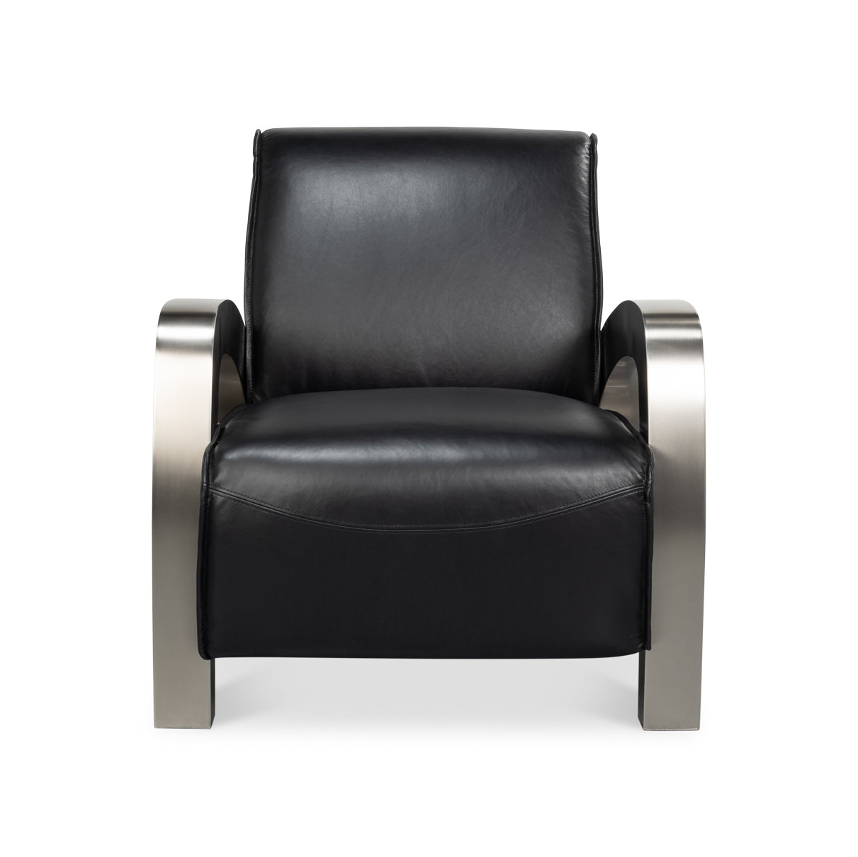 Industrial black leather armchair, front view.