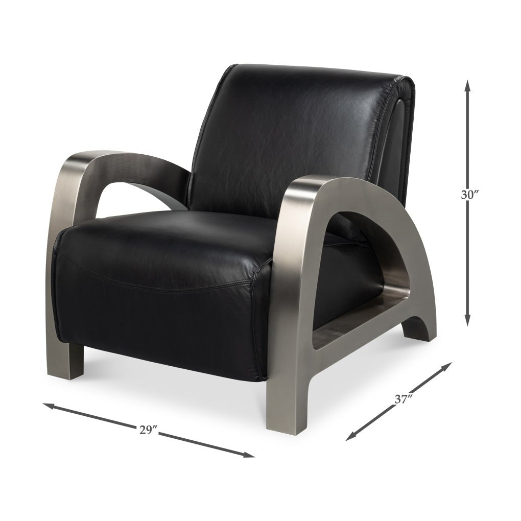 Industrial black leather armchair, dimensions shown.