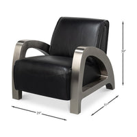 Industrial black leather armchair, dimensions shown.