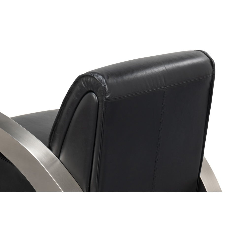 Industrial armchair, rear angle view of backrest and frame.