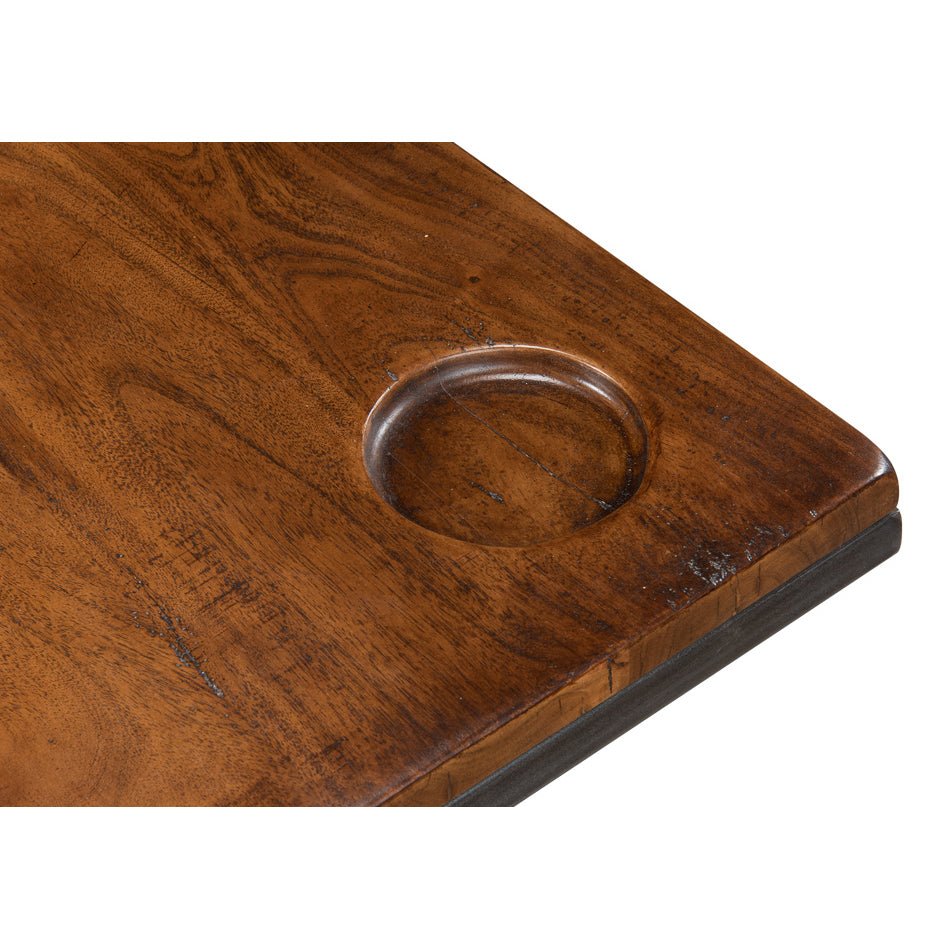 Cup holder detail on industrial coffee table corner.