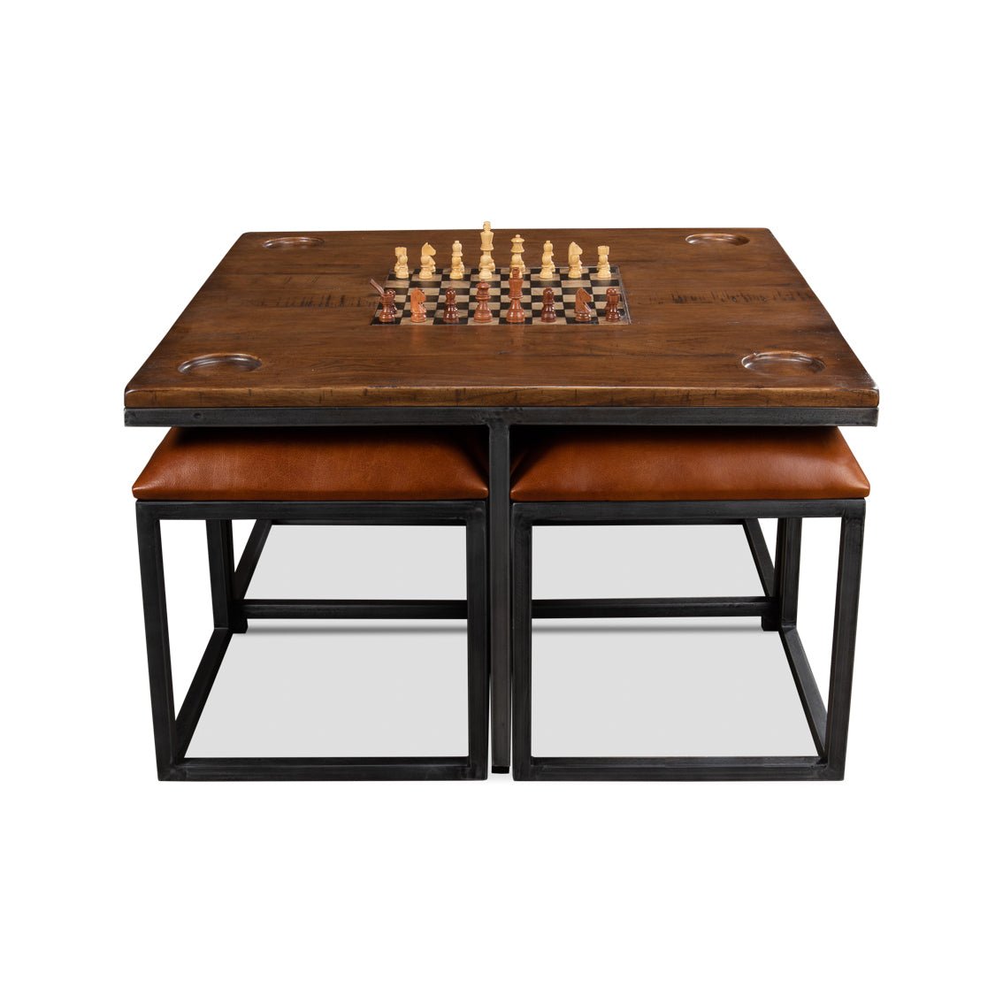 Side view of industrial coffee table and stools.