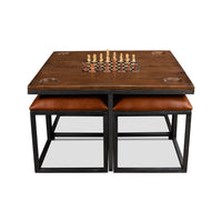 Side view of industrial coffee table and stools.
