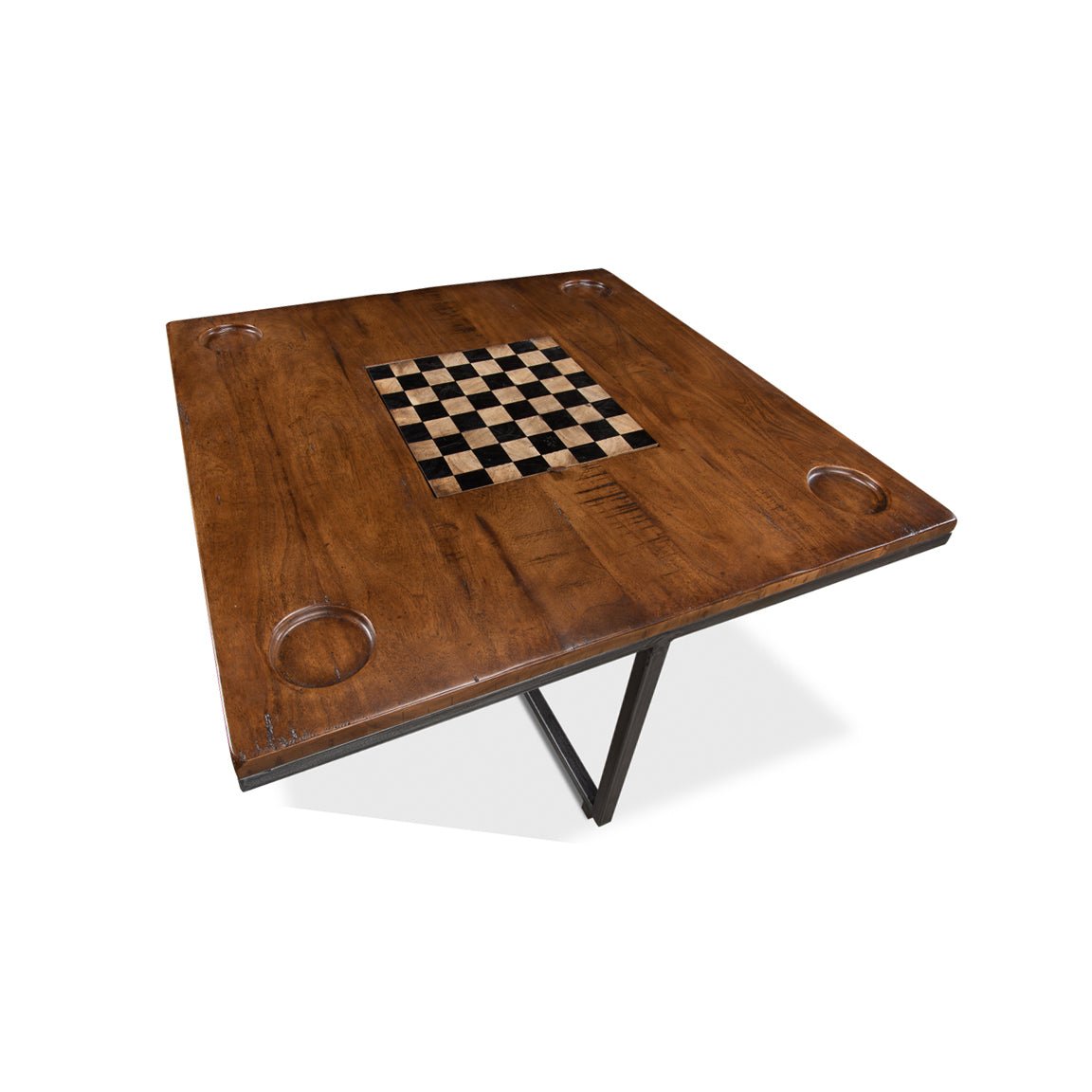 Chessboard on industrial coffee table surface.