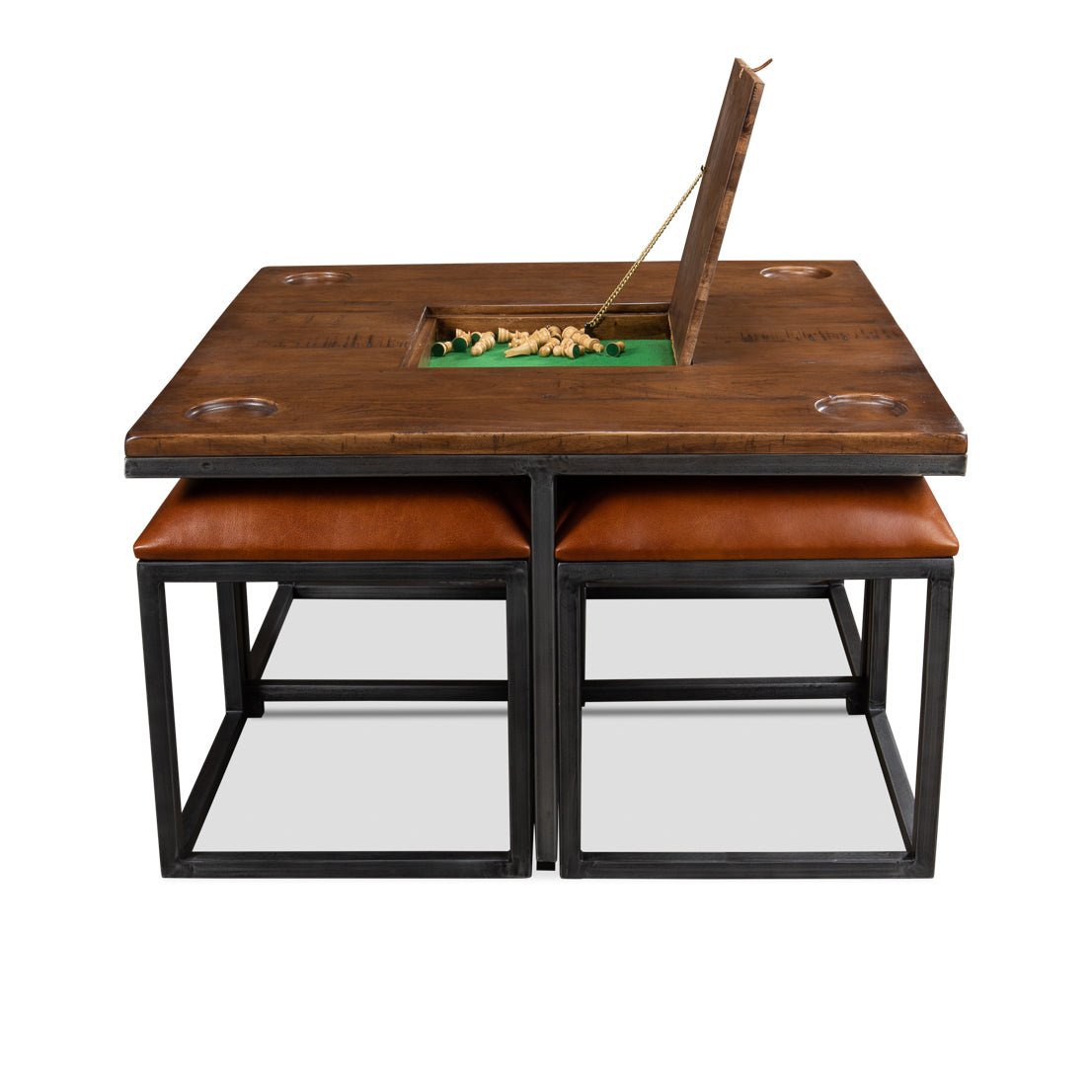 Open storage area in industrial coffee table with stools.