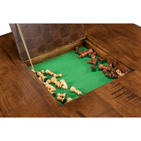 Inside storage compartment of industrial game coffee table.