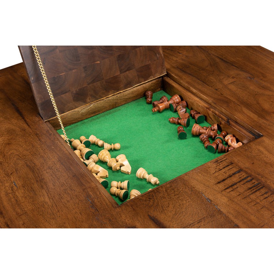 Inside storage compartment of industrial game coffee table.