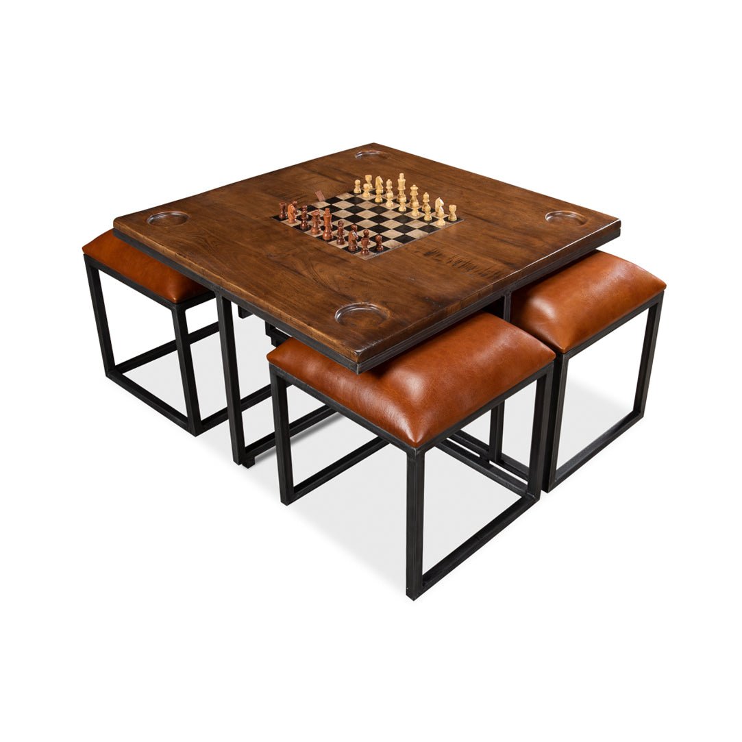 Angled view showing stools under industrial coffee table.