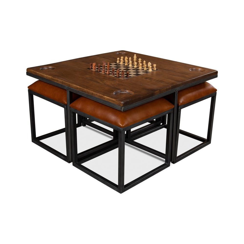 Chess game set on industrial coffee table with stools.