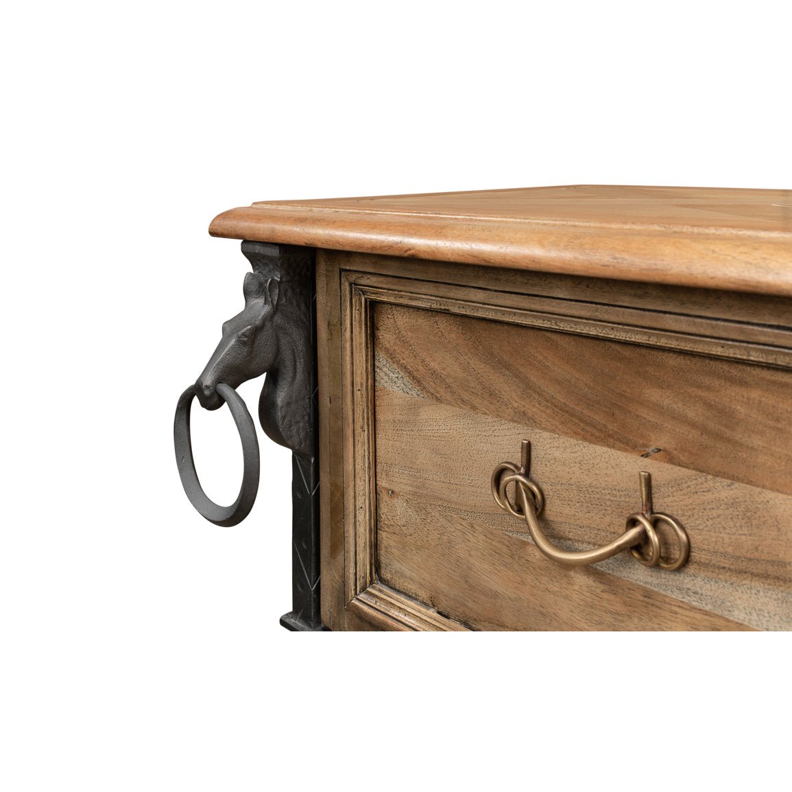 Equestrian console table, close-up of drawer handle and side detail.