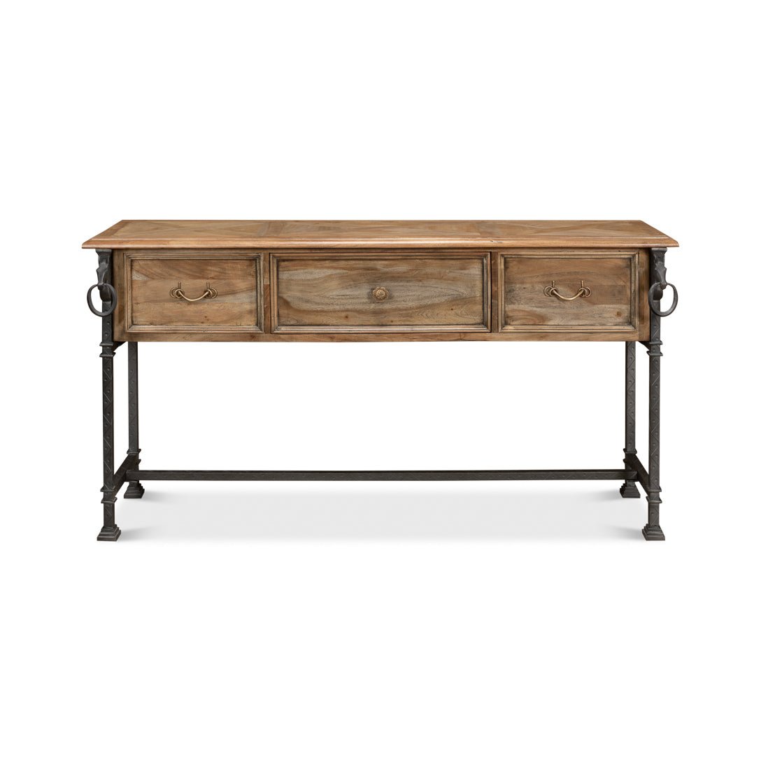 Equestrian console table, front view with drawers closed.