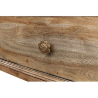 Equestrian console table, close-up of ornate drawer knob.