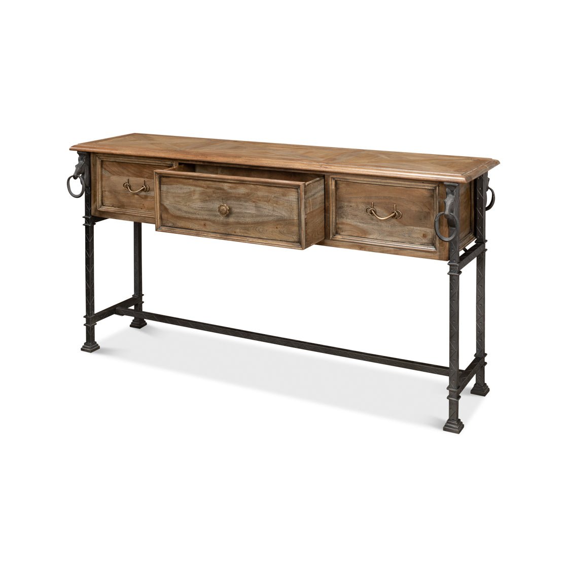 Equestrian console table, angled view with center drawer open.