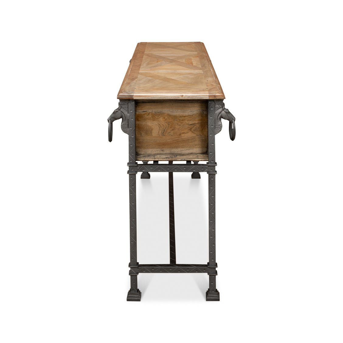 Equestrian console table, side profile view showing depth.