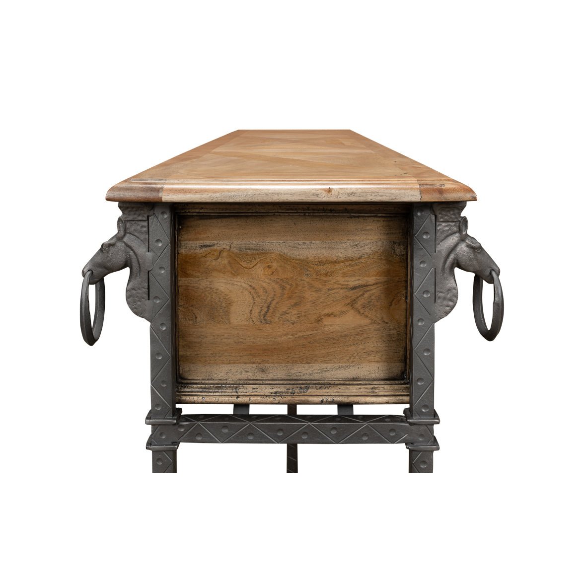 Equestrian console table, detailed side view with carved element.