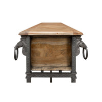 Equestrian console table, detailed side view with carved element.