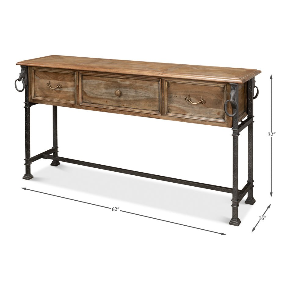 Equestrian console table, dimensions labeled on three-drawer design.