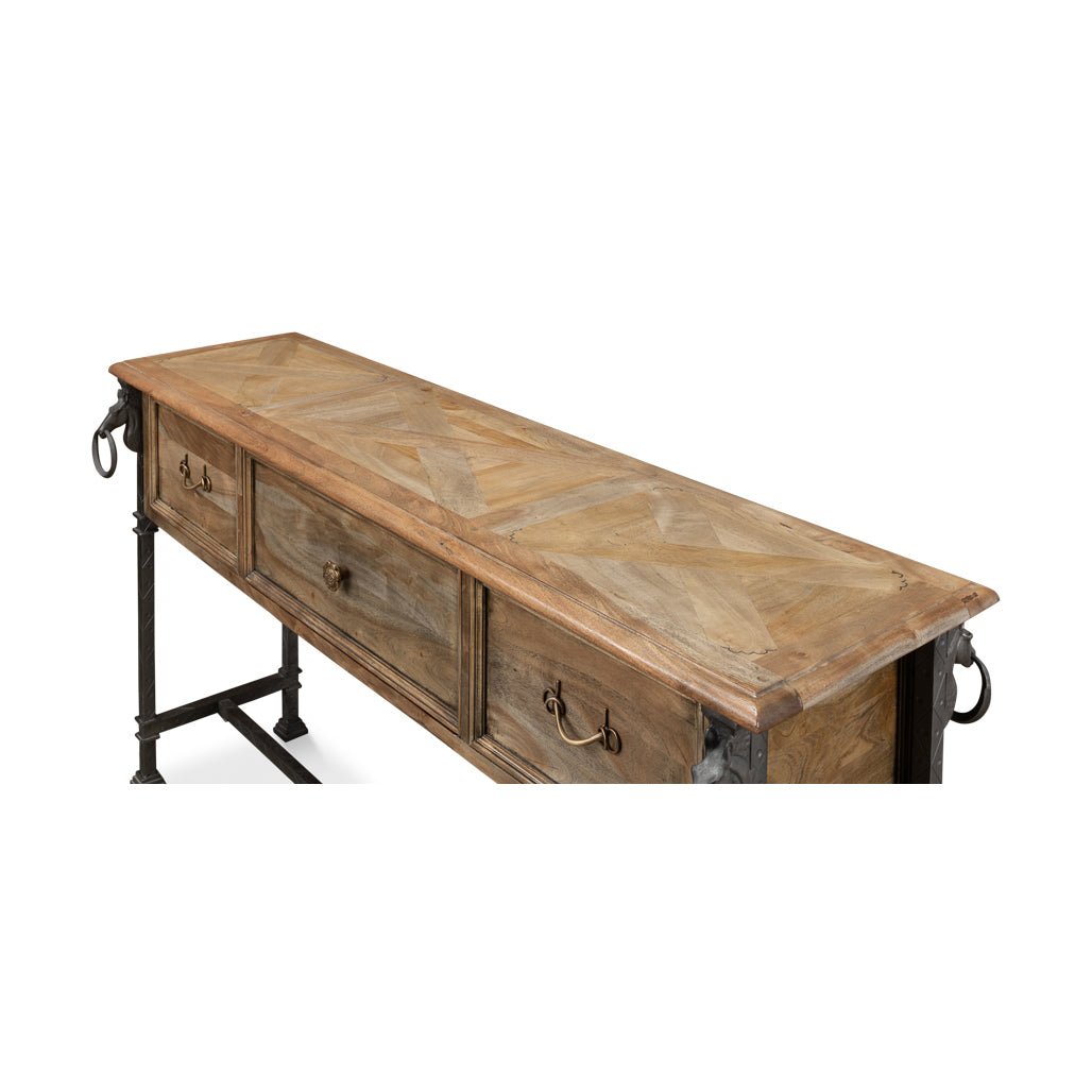 Equestrian console table, close-up of wood tabletop design.
