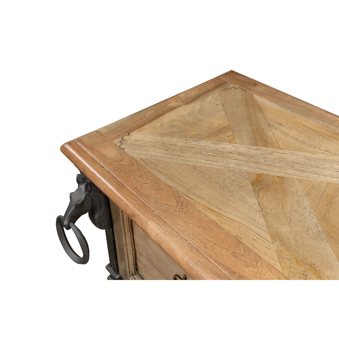 Equestrian console table, detailed corner view of tabletop.
