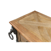Equestrian console table, detailed corner view of tabletop.