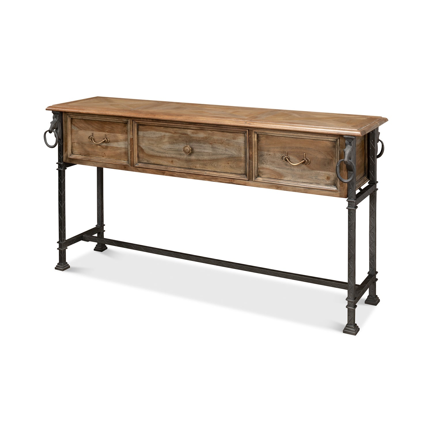Equestrian console table, angled view with drawers closed.