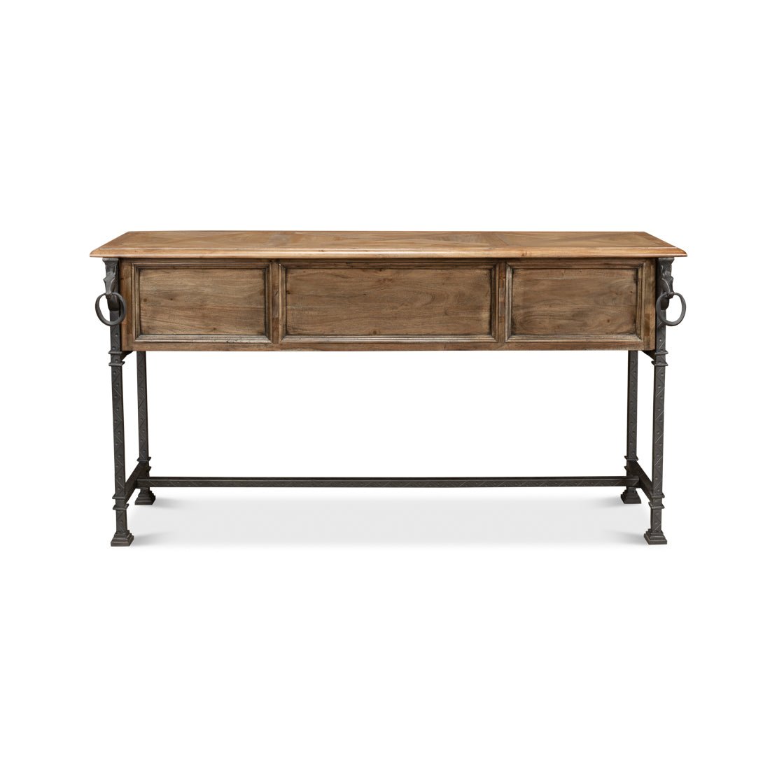 Equestrian console table, back view showing solid wood panel.