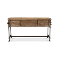Equestrian console table, back view showing solid wood panel.