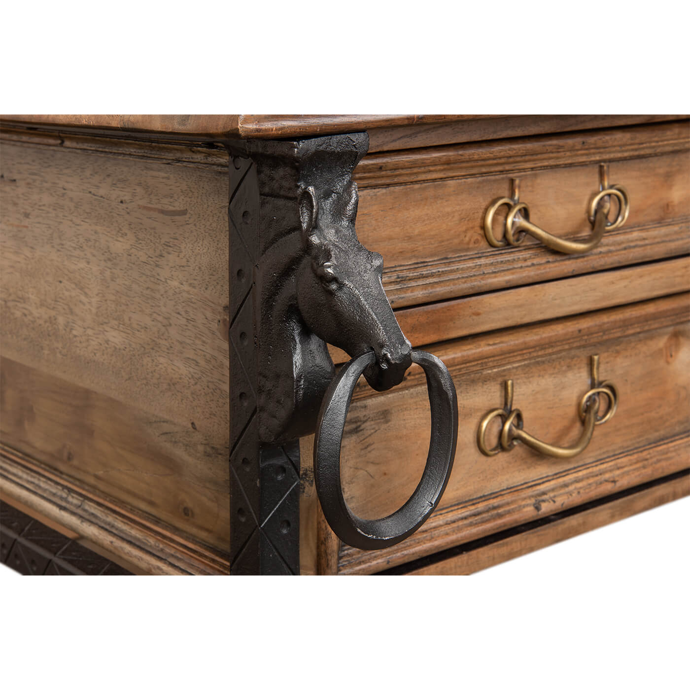 Close-up of industrial equestrian desk's horse ring detail.