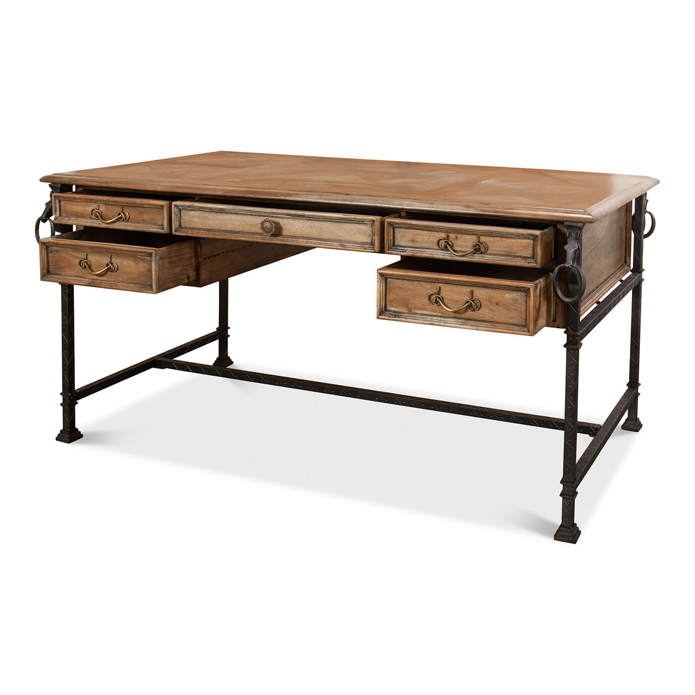 Industrial equestrian desk with open drawers side view.
