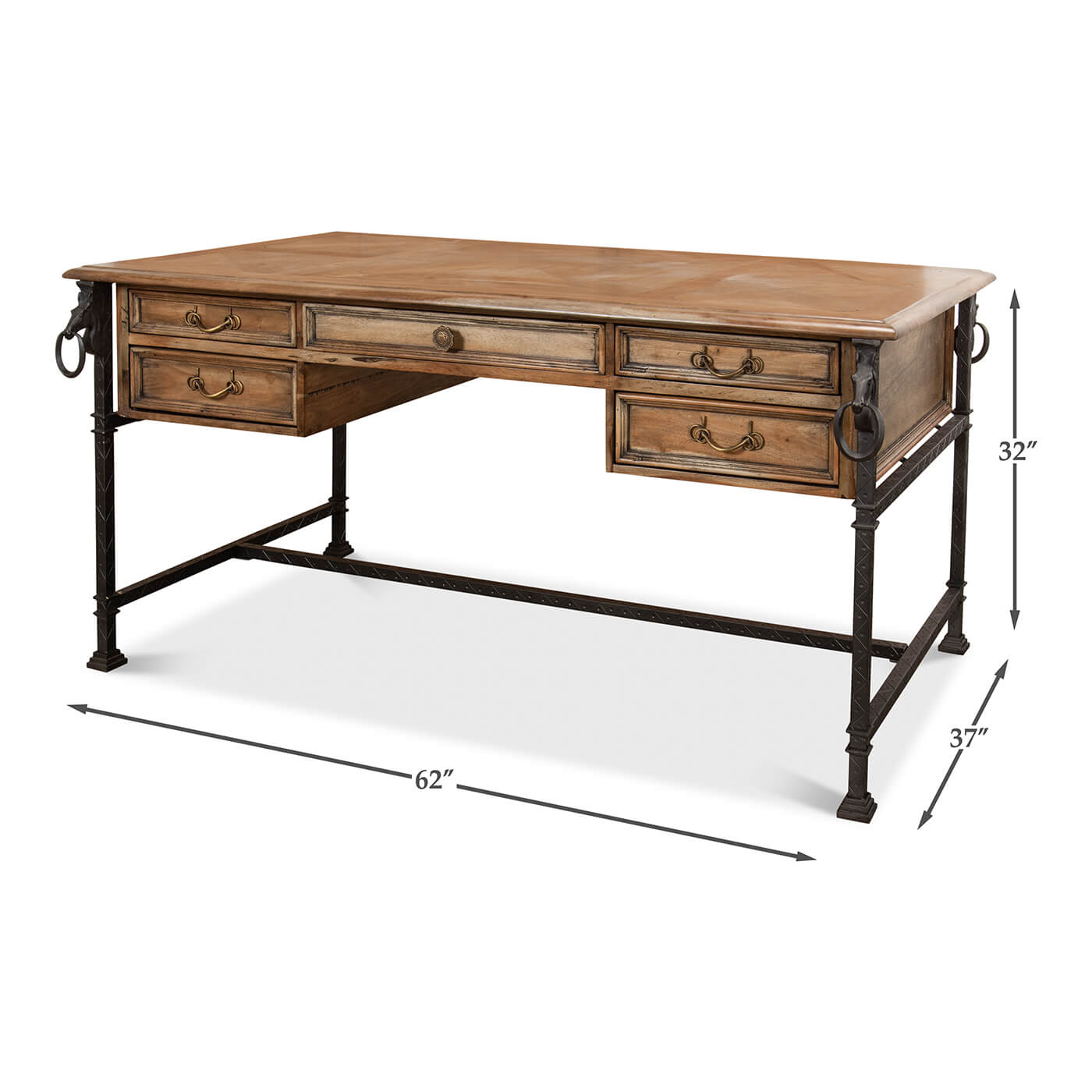 Industrial equestrian desk with dimensions, 62x32 inches.