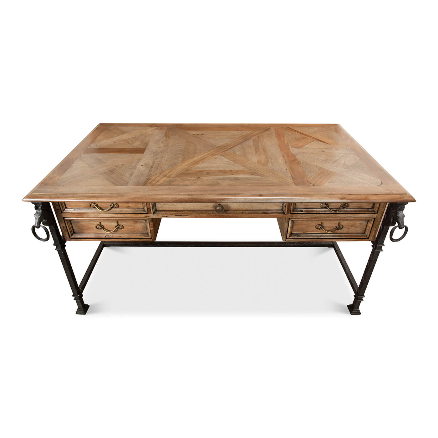 Top view of industrial equestrian desk's wood surface.