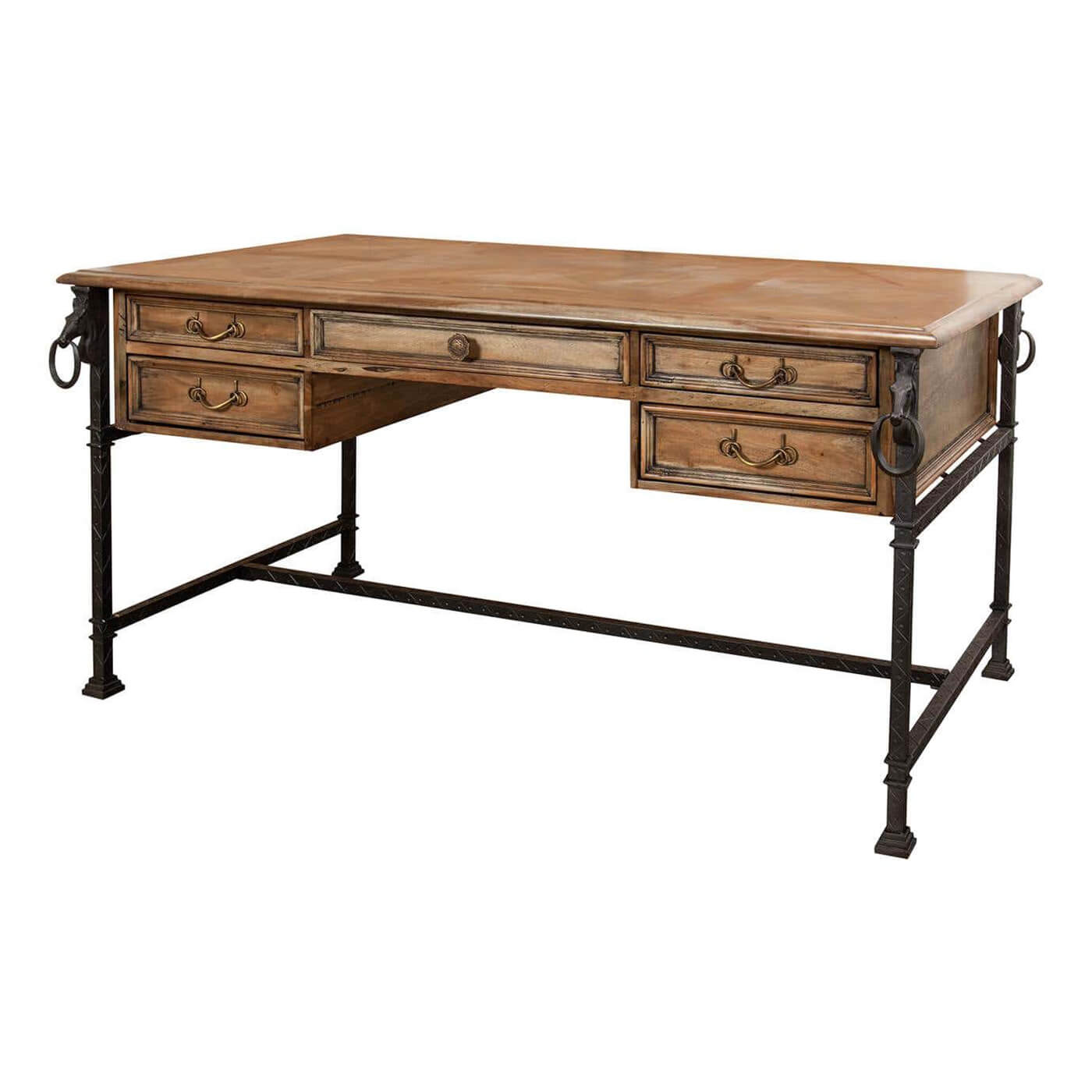 Industrial equestrian desk angled front view with drawers.