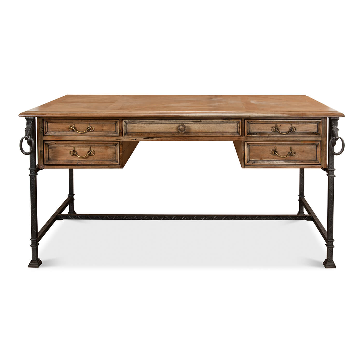Industrial equestrian desk front view with drawer details.