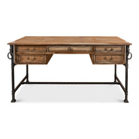 Industrial equestrian desk front view with drawer details.