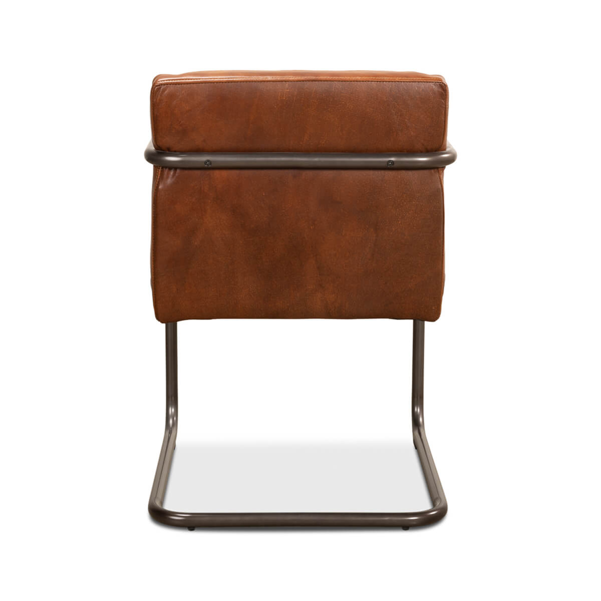 Back view of industrial leather armchair, showing leather detail.