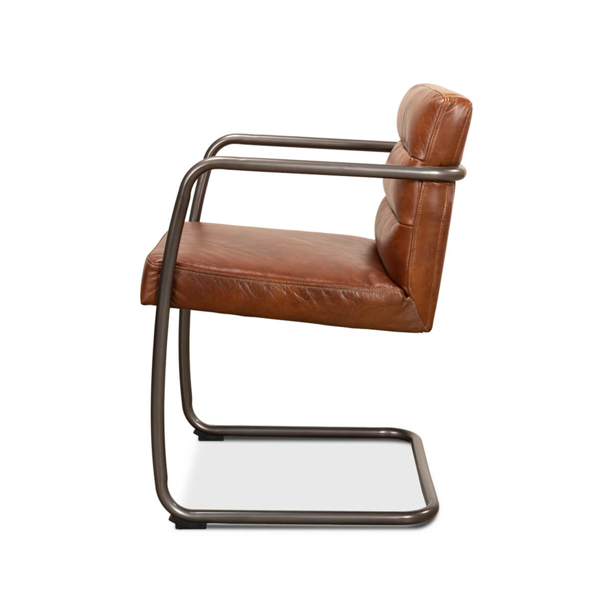 Side view of brown industrial leather armchair, metal frame.
